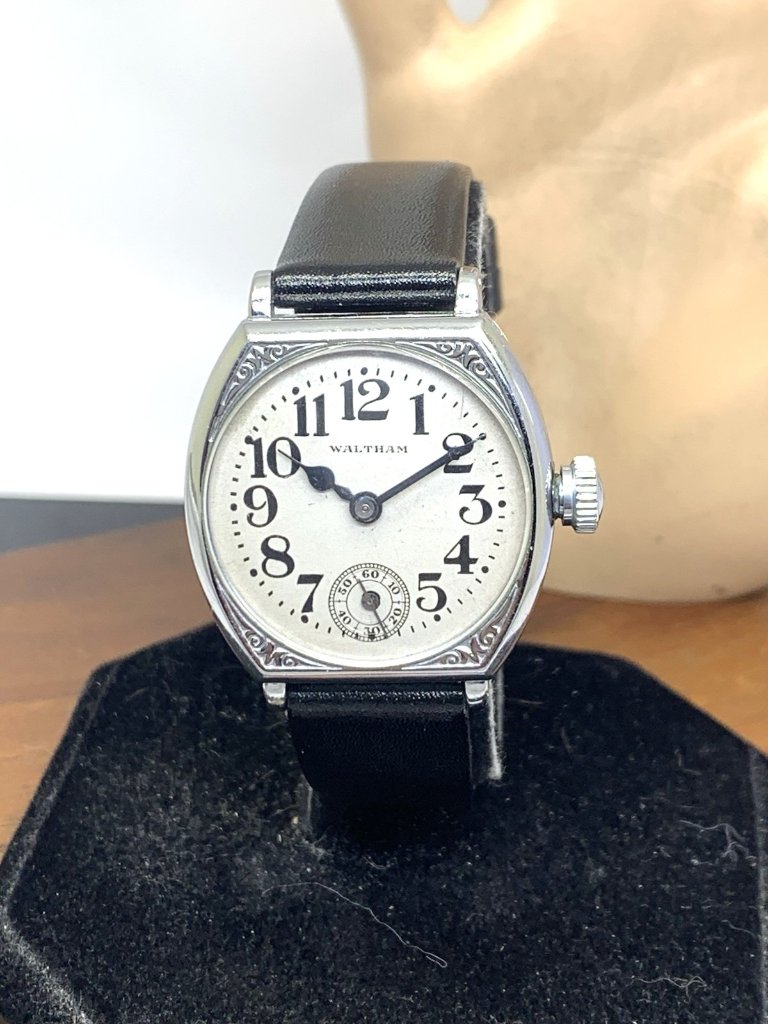 Waltham Art Deco Watch Vintage Manual Wind Silver Dial Black Leather Strap 32mm